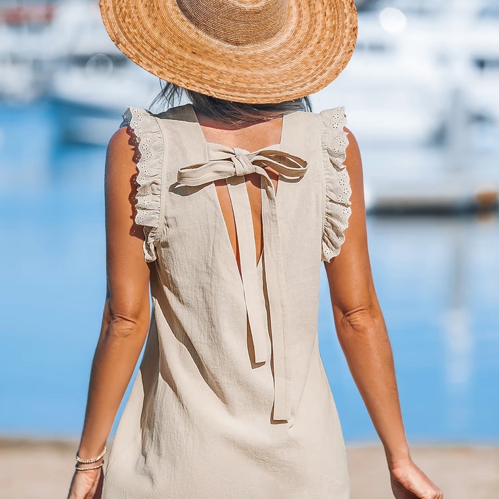 ‼️SOLD‼️ Beige V-Neck Eyelet Trim Mini Dress - Picture 2 of 6